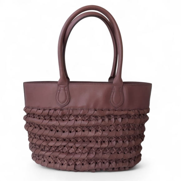 Rare FRYE Leather Woven Tote Shoulder Bag Satchel Taupe Basket Weave Boho - Picture 10 of 16